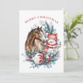 Paard sneeuwman Kerst waterverf elegant Feestdagenkaart (Staand voorkant)
