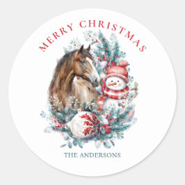 Paard sneeuwman Kerst waterverf elegant Ronde Sticker