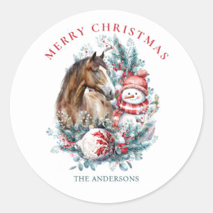 Paard sneeuwman Kerst waterverf elegant Ronde Sticker