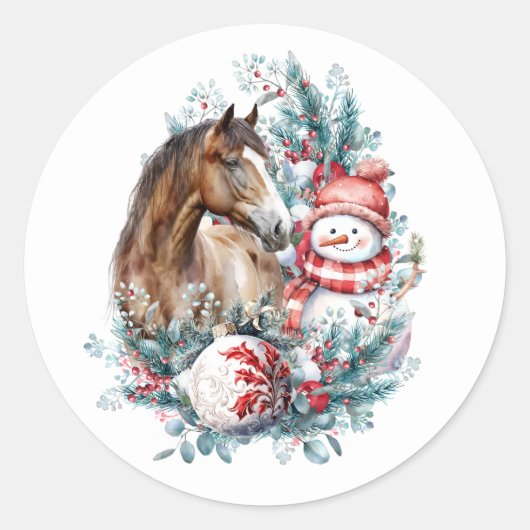 Paard sneeuwman Kerst waterverf elegant Ronde Sticker (Voorkant)