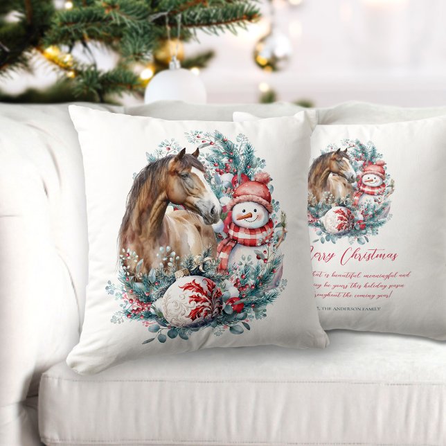 Paard sneeuwman Kerstwens citaat Kussen (Horse snowman Christmas pillow)