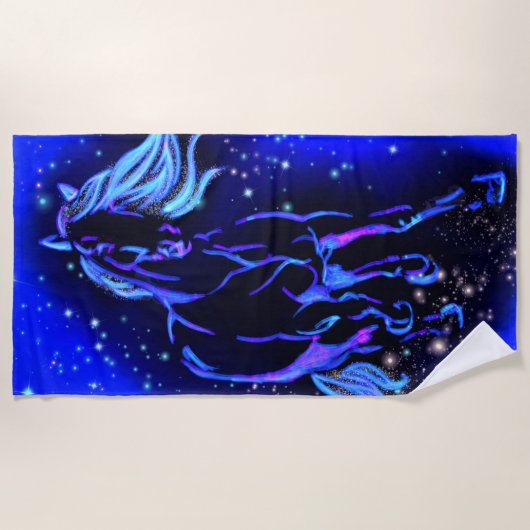 Paard strandlaken die in blauwe Sterrennacht lopen (Voorkant)