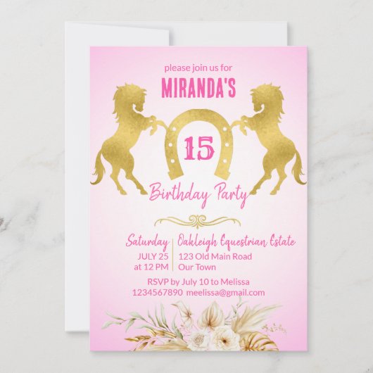 Paard thema verjaardagsfeestje roze en goud kaart (Voorkant)