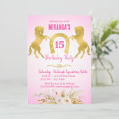 Paard thema verjaardagsfeestje roze en goud kaart (Staand voorkant)