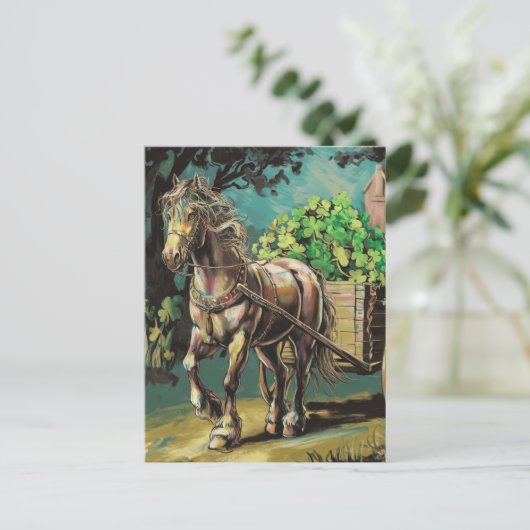 Paard trekt een kar vol Shamrocks Briefkaart (Staand voorkant)