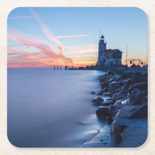 Paard van de vuurtoren van Marken in een blauwe zo Kartonnen Onderzetters