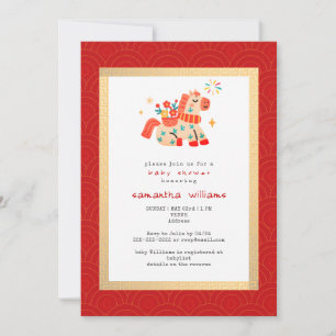 Paard van het Jaar Rood Gouden Paard Baby Shower Kaart