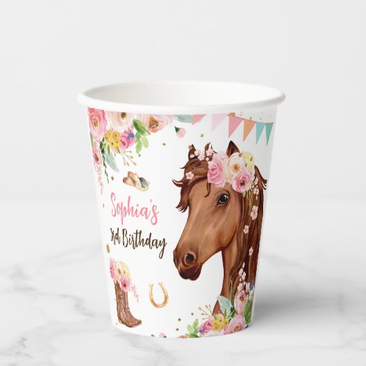 Paard Verjaardag Meisje Cowgirl Roze Bloemen Party Papieren Bekers (Voorkant)