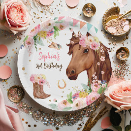 Paard Verjaardag Meisje Cowgirl Roze Bloemen Party Papieren Bordje