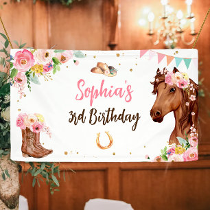 Paard Verjaardag Meisje Cowgirl Roze Bloemen Party Spandoek