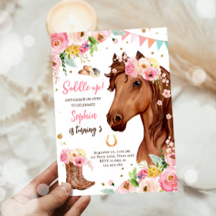 Paard Verjaardag Uitnodigen Meisje Cowgirl Roze Bl Kaart
