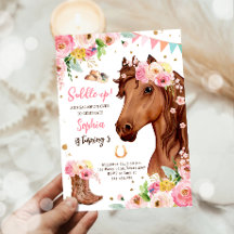 Paard Verjaardag Uitnodigen Meisje Cowgirl Roze Bl