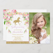 Paard Verjaardag Uitnodiging Bloemen Roze Goud Paa (Voorkant / Achterkant)