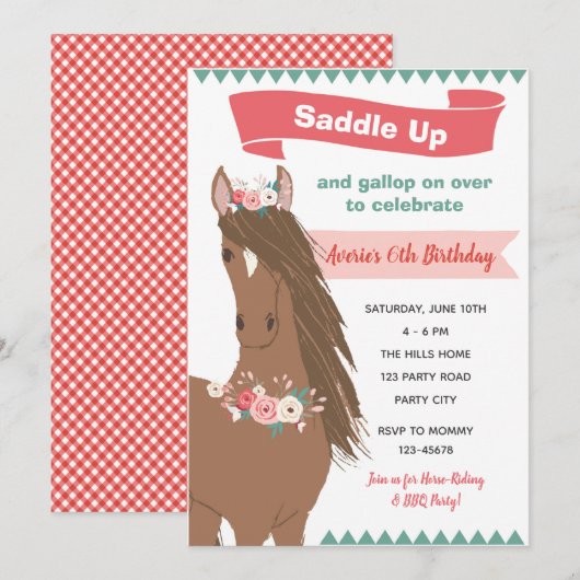  Paard Verjaardag Uitnodiging (Floral) (Voorkant / Achterkant)