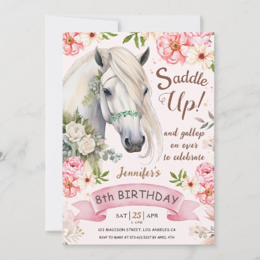 Paard Verjaardagsfeest Meisjes Roze 8e Verjaardag Kaart (Voorkant)