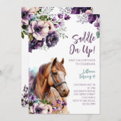 Paard Verjaardagsfeest Uitnodiging Paarse bloemen (Voorkant / Achterkant)
