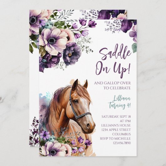 Paard Verjaardagsfeest Uitnodiging Paarse bloemen (Voorkant / Achterkant)