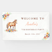 Paard Verjaardagsfeest Waterverf Bloemen Pony Bann Spandoek (Horizontaal)