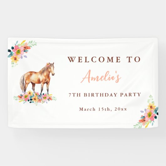 Paard Verjaardagsfeest Waterverf Bloemen Pony Bann Spandoek (Horizontaal)