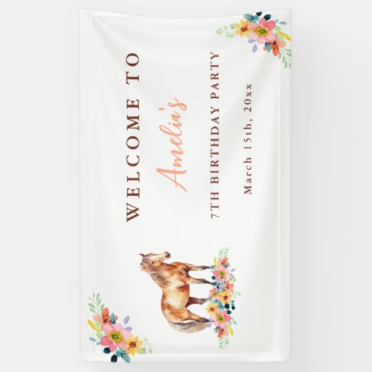 Paard Verjaardagsfeest Waterverf Bloemen Pony Bann Spandoek (Verticaal)