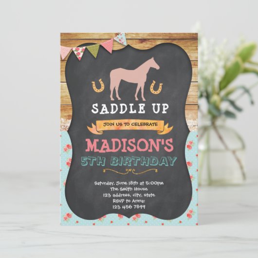 Paard verjaardagsfeestje uitnodiging (Staand voorkant)