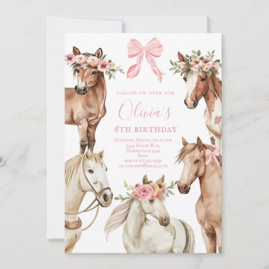 Paard verjaardagsfeestje uitnodiging, Meisje paard Kaart (Voorkant)