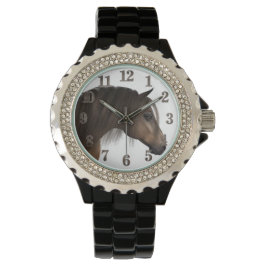 Paard Vrouwen Strass Zwart Emaille Horloge