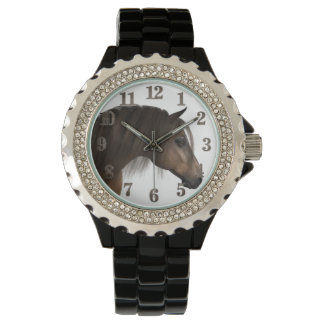 Paard Vrouwen Strass Zwart Emaille Horloge