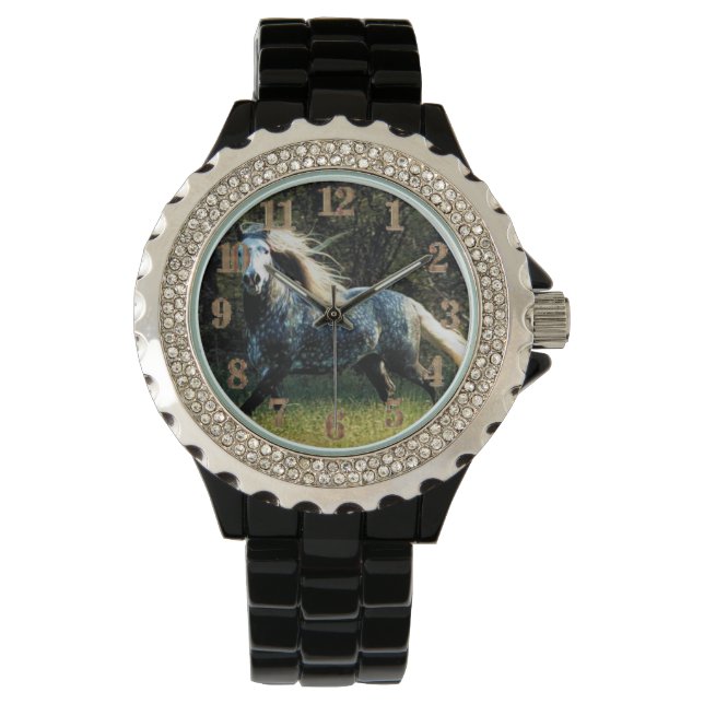 Paard Vrouwen Strass Zwart Emaille Horloge (Voorkant)