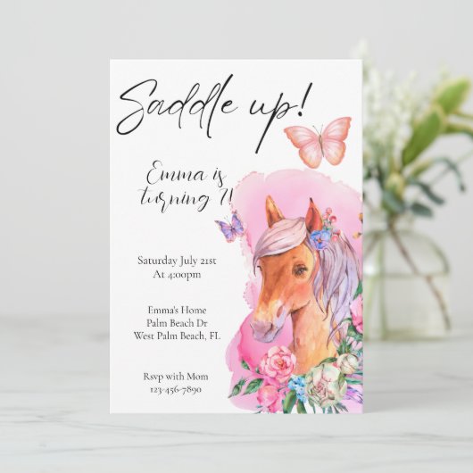 Paard waterverf paard minimaal bloemmotief kaart (Staand voorkant)