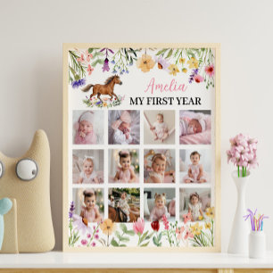 Paard Wilde Bloem Eerste Jaar Foto Mijlpaal Bord Poster