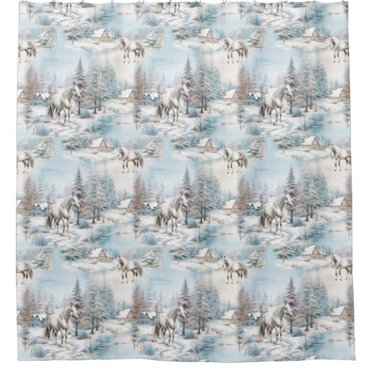 Paard winterpatroon besneeuwd bos landschap douchegordijn (Voorkant)