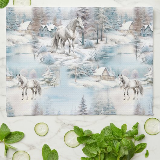 Paard winterpatroon besneeuwd bos landschap theedoek (Gevouwen)