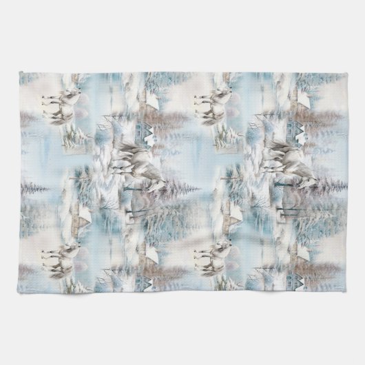 Paard winterpatroon besneeuwd bos landschap theedoek (Horizontaal)