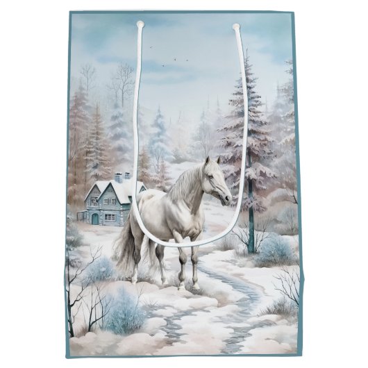Paard winterscène sneeuwbos Kerstmis Medium Cadeauzakje (Achterkant)