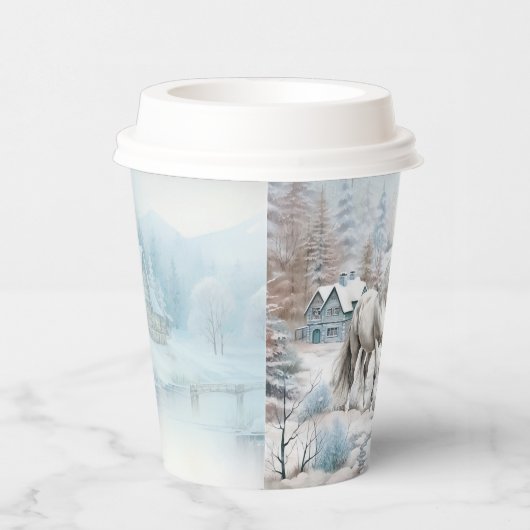 Paard winterscène sneeuwbos Kerstmis Papieren Bekers (Rechts)