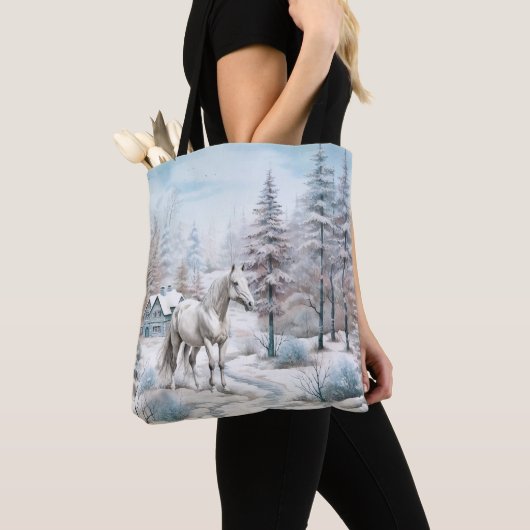 Paard winterscène sneeuwbos Kerstmis Tote Bag (Dichtbij)