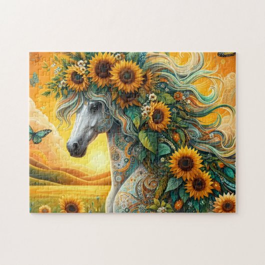 Paard Zonnebloem Zonsondergang Legpuzzel (Horizontaal)