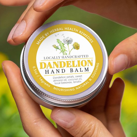 Paardebloem bloem geel hand balsem zalf tin label