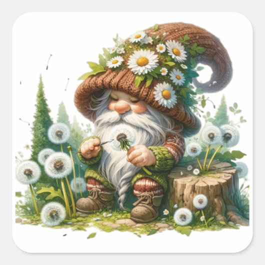 Paardebloem bloemengnoom vierkante sticker (Voorkant)