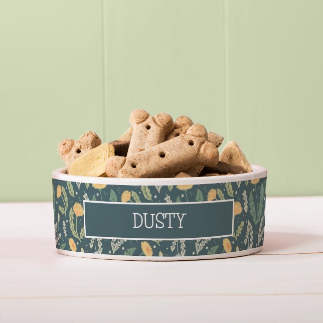 Paardebloem bloemenwiet patroon voerbakje (Dandelion Pattern Dog Bowl with Dog Name Spot)