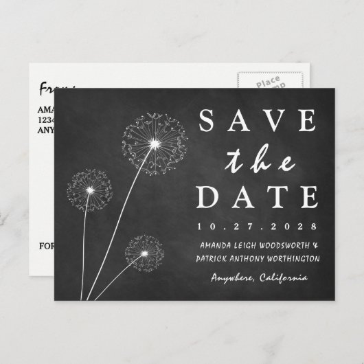Paardebloem krijtbord land opslaan van de datum ka aankondigingskaart (Voorkant / Achterkant)