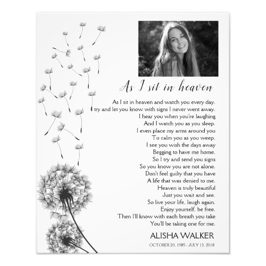 Paardebloemen A Ik zit in de Hemel Memorial Welkom Foto Afdruk (Voorkant)