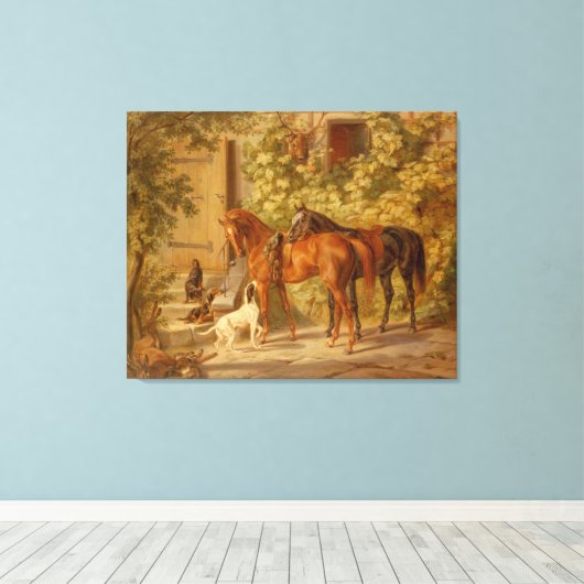  paarden aan de Porch Albrecht Adam Canvas Afdruk (Insitu (Houten vloer))