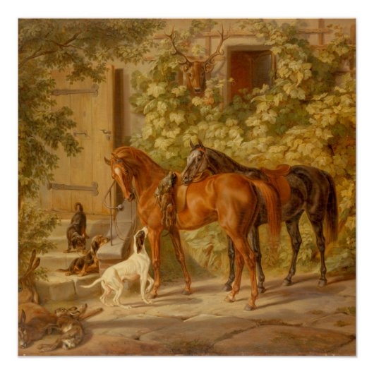  paarden aan de Porch Albrecht Adam Hanging Perfect Poster (Voorkant)