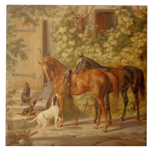  paarden aan de Porch Albrecht Adam Tegeltje (Voorkant)