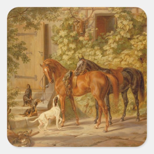  paarden aan de Porch Albrecht Adam Vierkante Sticker (Voorkant)