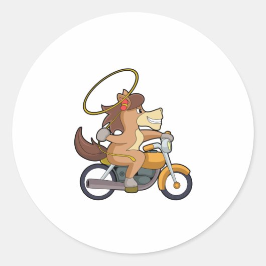 Paarden als cowboy met laso en motorfiets ronde sticker (Voorkant)
