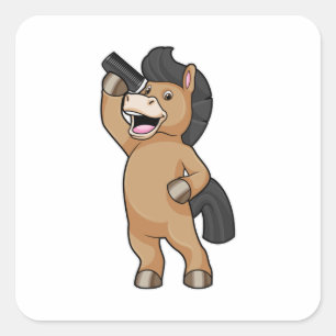 Paarden als hairdresser met comb vierkante sticker