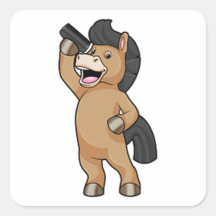 Paarden als hairdresser met comb vierkante sticker